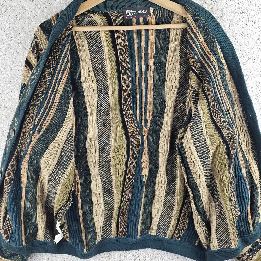 Vintage Tundra Canada Knit Sweater Cardigan Size Large 90s Coogi Style 3D Cotton
